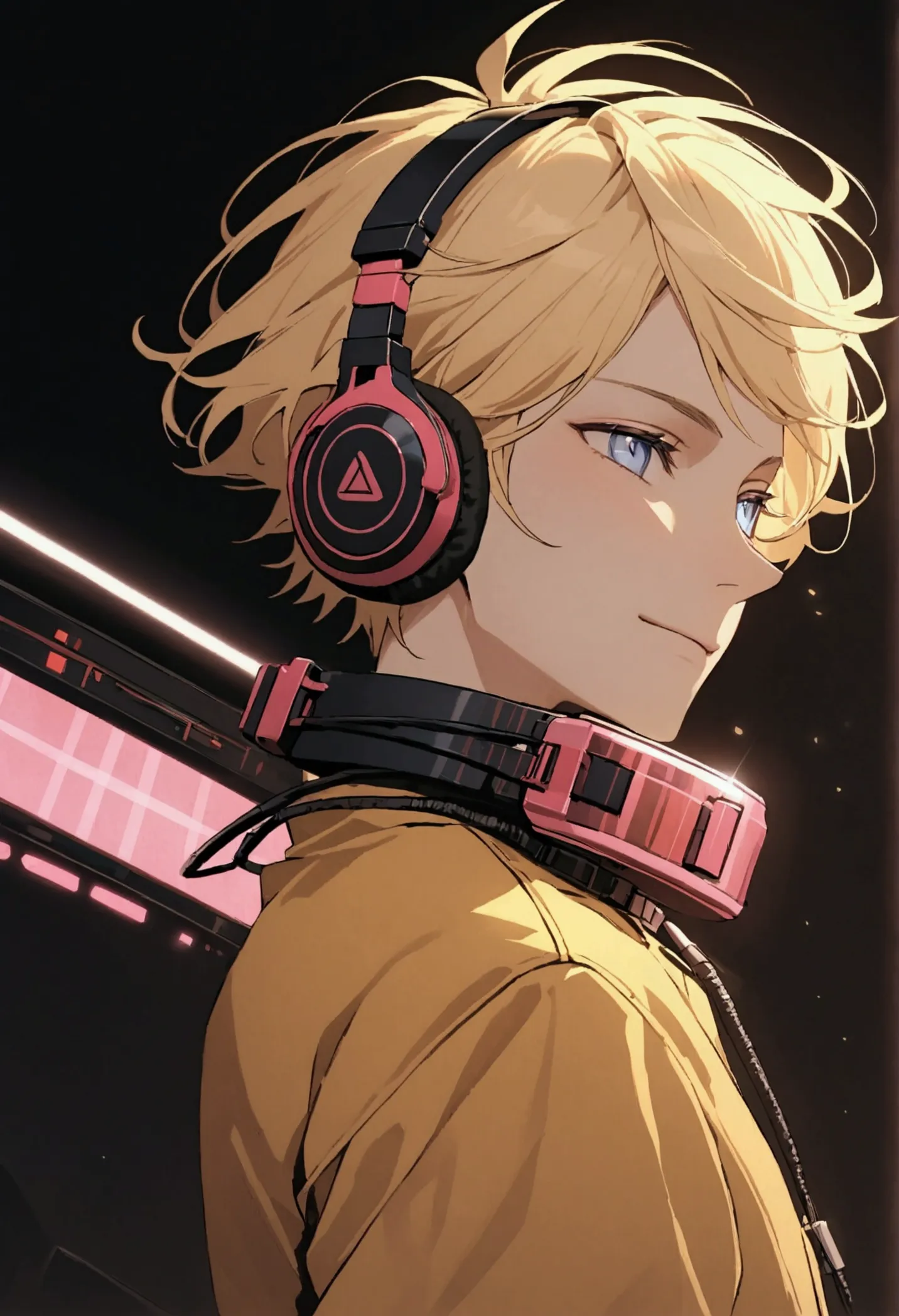 a young man with short blond hair, cian headphones around his neck, blue eyes, an open yellow jacket, white shirt, slight smile,...