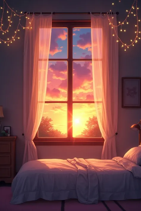 Anime aesthetic background with a bedroom and a sunset make the bedroom decorated with fairy lights and the sunset is a orange and yellow