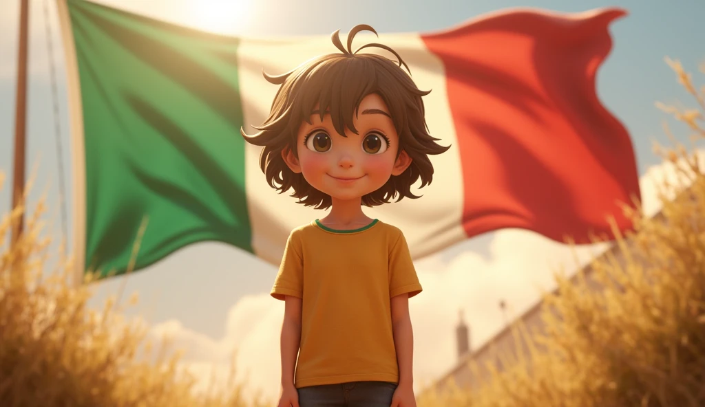 In the background of the image an Italian flag flutters, In front of the image five-year-old ren smile.   rays of light fall on the ren . 