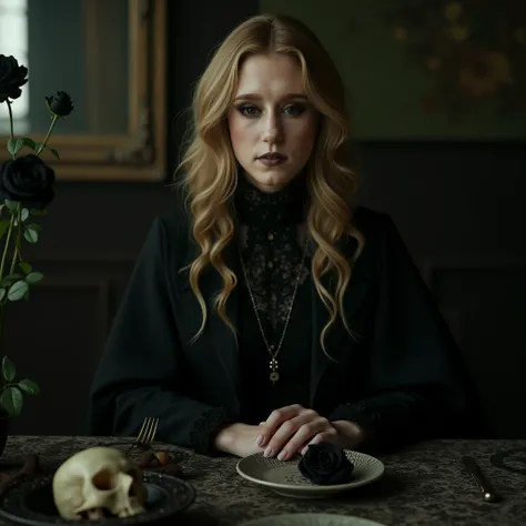 portrait of Taissa Farmiga with blonde hair, pale skin, green eyes, black makeup, black clothes, gothic victorian clothes, black cape, sitting at an old dining table, on the table there are skulls and black roses on the plate,