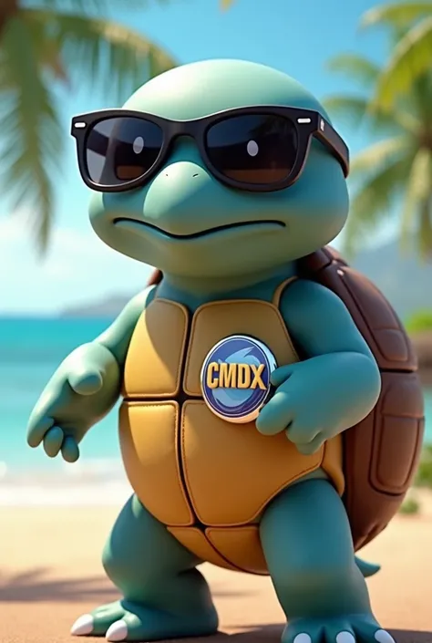 Pokemon squirtle wearing dark sunglasses wearing the cruise shirt with a button in his hand with the acronym CMDX