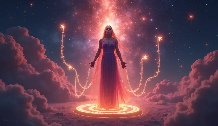 A celestial Scorpio figure standing on a glowing platform surrounded by faintly glowing chains that connect them to celestial beings representing their relationships. The chains glow warmly when loyalty is reciprocated but flicker and crack when broken, sy...