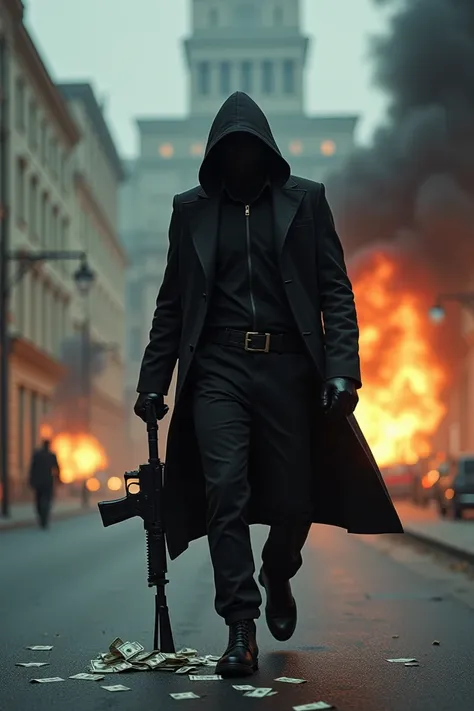  Make a GTA-like image ,  of a guy in a black overcoat , black pants,  black boots ,  in your hands a black Ak-47 ,  hes on the road and behind him is the citys central bank exploding, And hes walking ,  he also has a purse full of money falling on the asp...