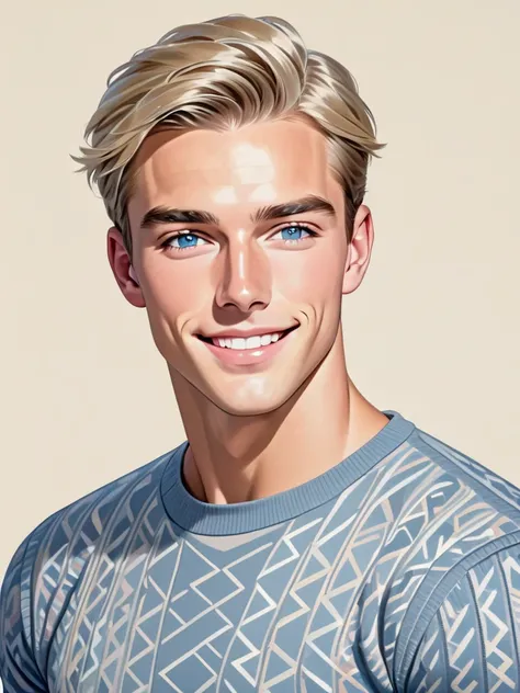 this is a painting of a handsome British man in his twenties, muscular physique, 1man, solo, blue eyes, jewelry, looking at viewer, grin, (blush), gray knitted sweater, coiffed hair, (blonde hair), shiny skin, geometric print, simple background, soft color...