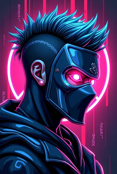 design a black ninja head with a bold 90s fade hairstyle. The top fade includes bright lightning patterns etched in neon electric blue and magenta. The ninja wears a sleek, angular metallic mask with glowing details in the same neon palette. His eyes are s...