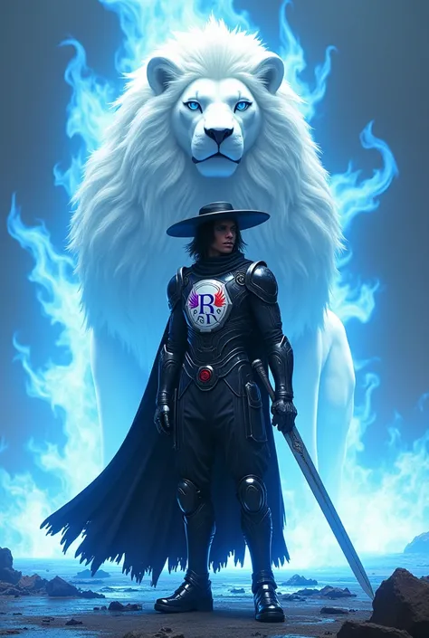  Black man with gigantic hat with black armor of the future,  black hair,  wearing a ripier with the acronym Rda Reis Br behind silver , carrying a silver sword , standing,na frente de um leão branco standing em chamas azul, wearing armor of the future ,  ...