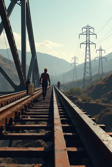 The process of reinforcing a bridge. There are power line towers far in the background 