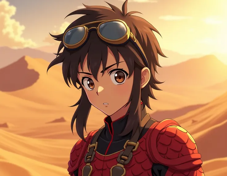 anime boy dark brown hair with long sideburs brown eyes aviator glasses on his FORHEAD he wears red armor made of dragon scales he is in the desert