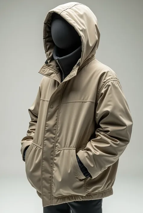  A jacket that when closed in its hood becomes a cartoon ball in ren, that first shows the jacket and then turned into a ball  