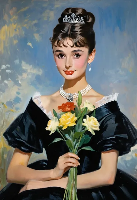 young Audrey Hepburn in a black dress with a bouquet of flowers, Portrait of an actress, inspired by Franz Xaver Winterhalter , Portrait of Lolita, Auguste Renoir , Degas, portrait of a young empress , young woman , , portrait of young woman