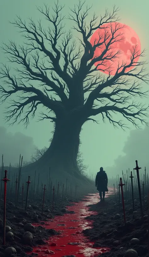 "A leafless tree ,  with sharp, bloody branches ,  on an ancient battlefield full of swords ,  armor and skeletons .  Blood seems to flow from the roots to the trunk ,  as the branches stretch like claws toward a person walking nearby.  The environment is ...