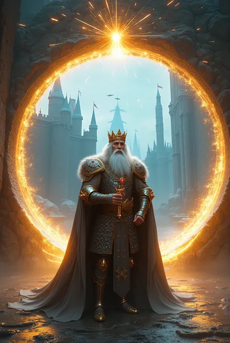 A majestic medieval king ,  with a long white beard and a gold crown adorned with rubies ,  emerges from a circular obsidian portal .  The portal is surrounded by a vortex of pulsating energy ,  that combines shades of gold and electric blue .  The king we...