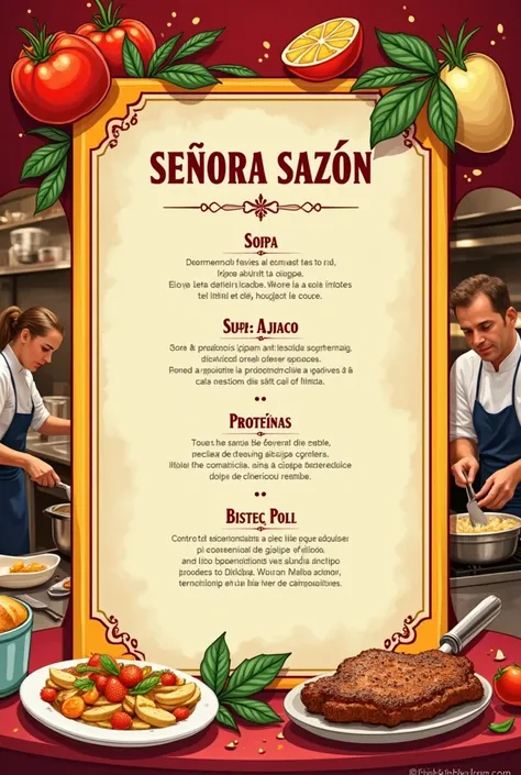  Create an image that has a red and yellow frame on the border,  in the center have a centered title that says SEÑORA SAZÓN,  below a centered subtitle that says MENU OF THE DAY ,  below a centered list that says Soup : Ajiaco,  Spinach cream . proteins:  ...