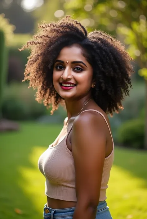 a curvy girl walking in garden, camera focus in face