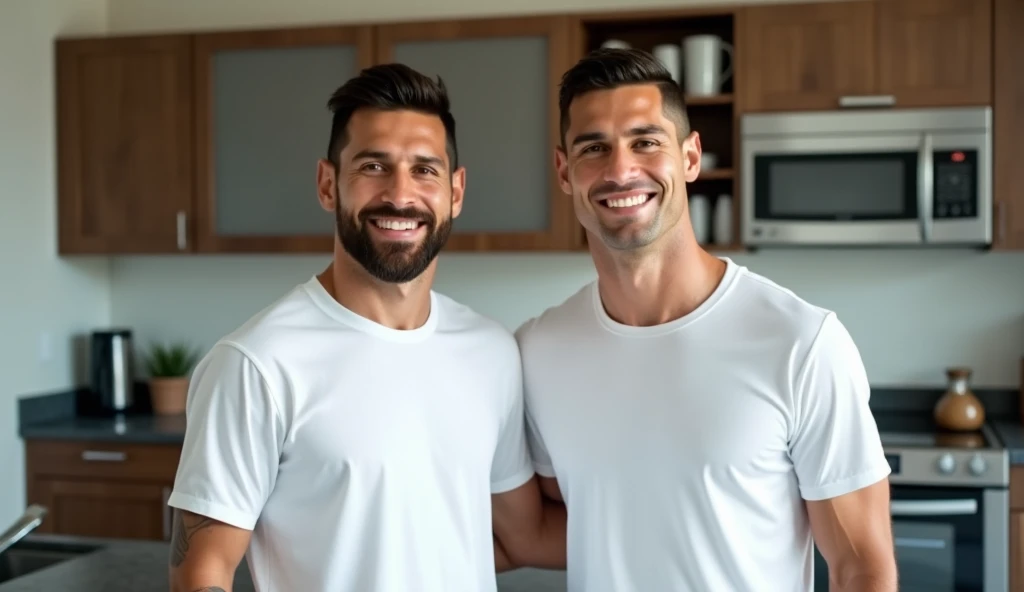 "Two legendary footballers, Lionel Messi and Cristiano Ronaldo, depicted as friendly and iconic figures ,standing in a modern kitchen,"Cristiano Ronaldo, the iconic footballer, wearing his classic white Real Madrid jersey,Messi is dressed casually in a T-s...