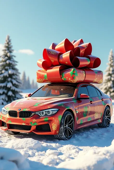 A car completely wrapped in bright, festive Christmas wrapping paper with a giant bow on top.