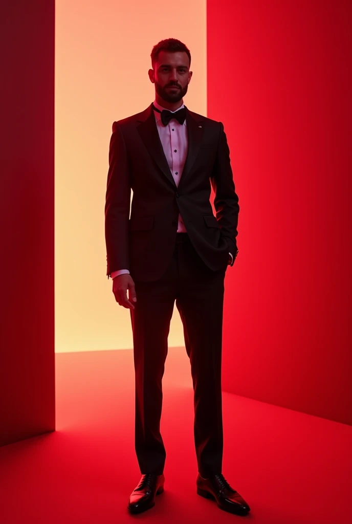 arafed man in a suit standing on a red carpet, an album cover inspired by Gerald Kelly, cg society contest winner, les nabis, taken in the early 2020s, riyahd cassiem, red carpet photography, in front of white back drop, wearing a black and red suit, in re...