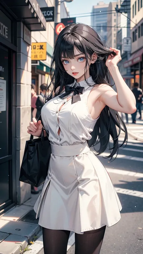 Ridiculous resolution, high resolution, (masterpiece:1.4), Extremely detailed, 1 Girl,blue eyes, Long black hair，White skirt, White handbags、Pantyhose、City Streets,Sexy pose, The camera is close to your body