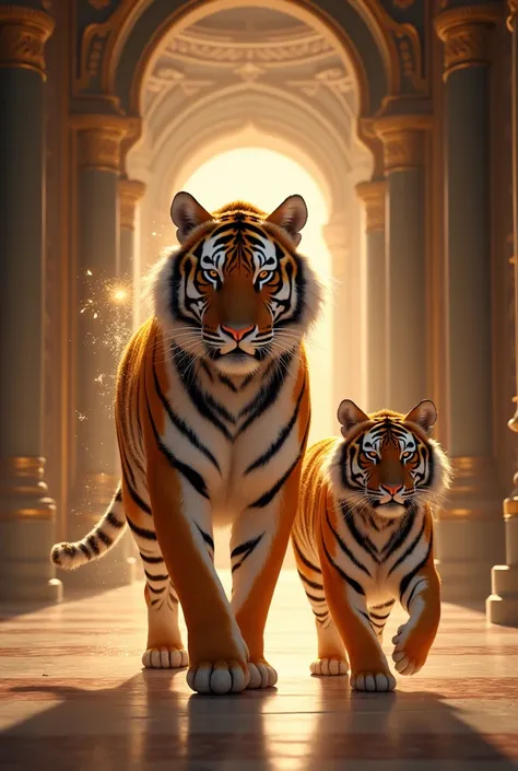 A big tiger and his son walk inside the palace and grow up wearing a legendary dress and making them walk like humans