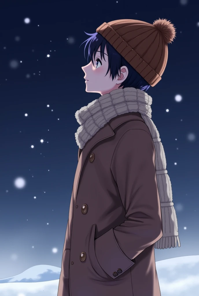 "A boy character wearing a brown coat, a warm knitted scarf, and a woolen hat with a pom-pom, standing in a night setting with a soft glowing ambiance and stars in the sky. The character is in a side profile, gazing upward, with short, styled hair compleme...