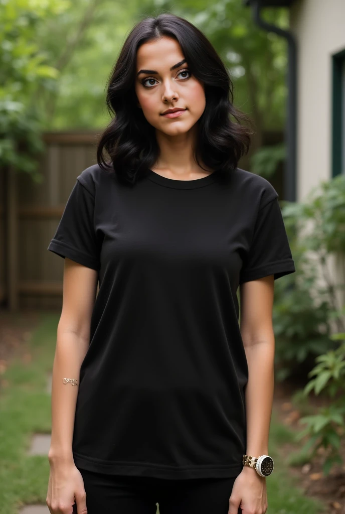 
Real human photo, Fika is a young woman with medium body, shoulder length  wavy  black hair and fair skin. She has well-defined eyebrows, large black eyes, and a neutral expression on her face. She is wearing a  plain black  t-shirt, black pant, standing ...