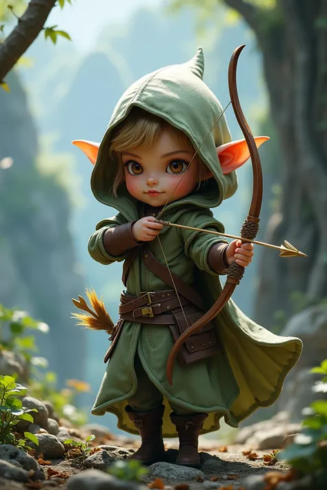 Chibi Fantasy character, elf archer with hood cloak and bow 