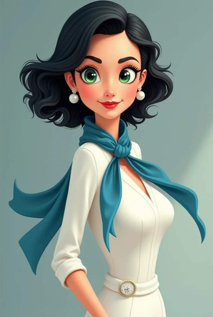  I want a cartoon woman with green eyes with black hair and light skin color about 55 years old ( Let the fabric look white )  with a blue silk scarf to look like a very elegant lady and that she is doing an action that looks motivating