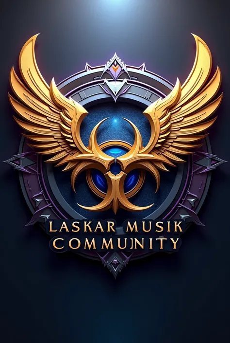 futuristic winged biohazard logo that says LASKAR MUSIK COMMUNITY 3D gold blue purple pink silver