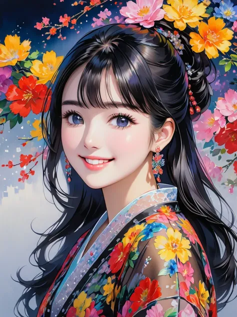 this is a painting of a charming Japanese girl with diamond earrings, 1girl, solo, ((black eyes)), jewelry, earrings, looking at viewer, smile, long hair, black hair, see-through shirt, floral-print, simple background, vibrant colors, highly detailed, best...