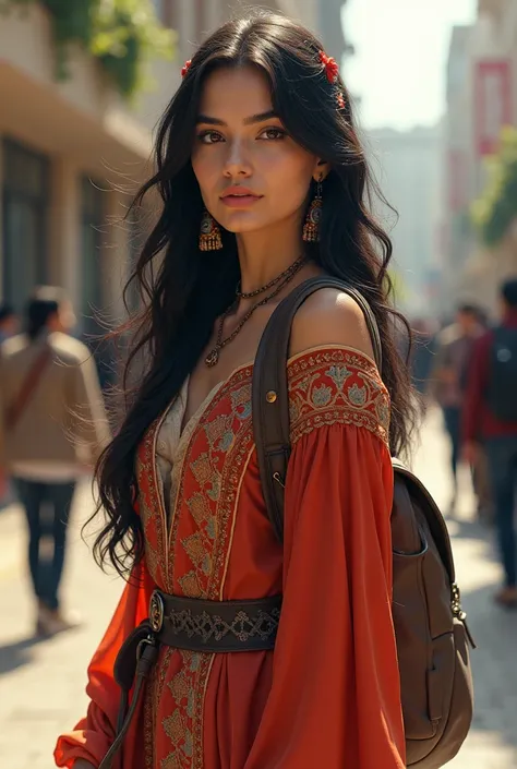 A Turkish women from ancient central Asia and wears modern life but a little traditional clothes for school