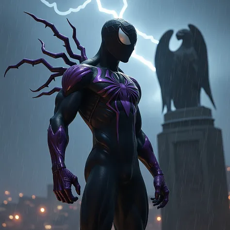   Spiderman in the Venom costume in a building next to a gargoyle on a thunderstorm night ( purple suit ) (PS3 style )