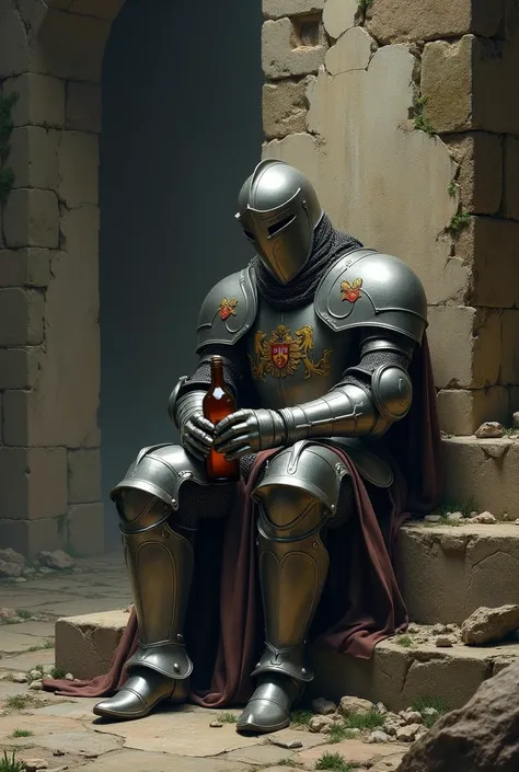 illustrates an image of a medieval knight where he is sad and all his armor covers his entire body while drinking liquor in an abandoned castle 
