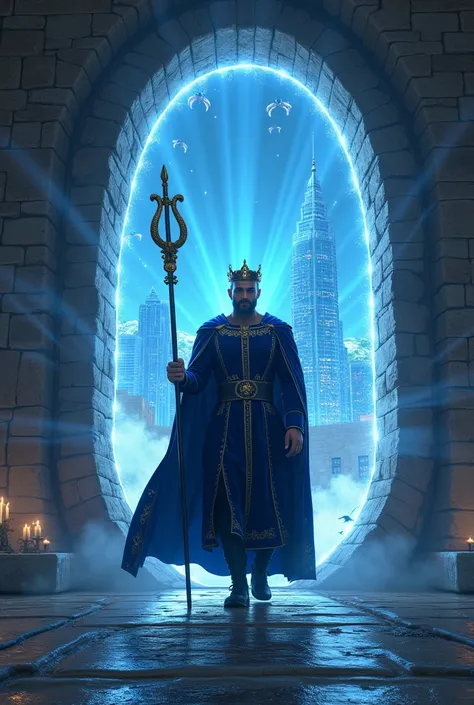 a medieval king,  dressed in an elegant navy blue velvet dress and adorned with gold threads ,  emerges from an energetic portal that opens between the ruins of the Western Wall in Jerusalem .** The Portal ,  oval shaped ,  radiates an intense blue light t...