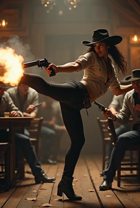 Masterpiece, Ultra-detailed, hyper realistic, a magnificent scene of the old Wild West, a battle hardened cowgirl is eliminating a group of gangsters in a saloon. She kicks one gangster’s throat with a spinning sidekick while shooting at another gangster’s...