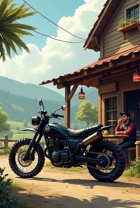 A black trail bike at a bar stops in the parking lot and the driver sipping a coke at a city bar in the countryside