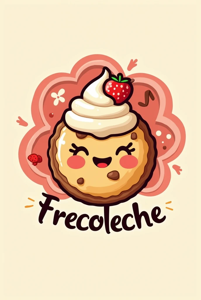 Create a logo for a cookie created with a Frescoleche drink with vanilla flavors, strawberry and chocolate 