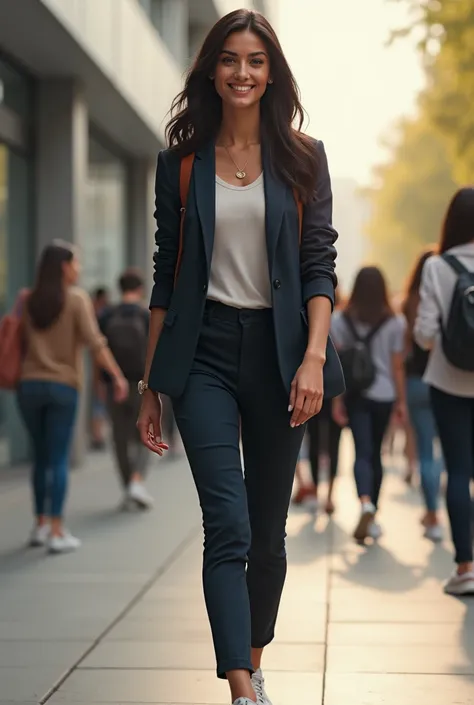 A Turkish women  and wears modern life clothes for school