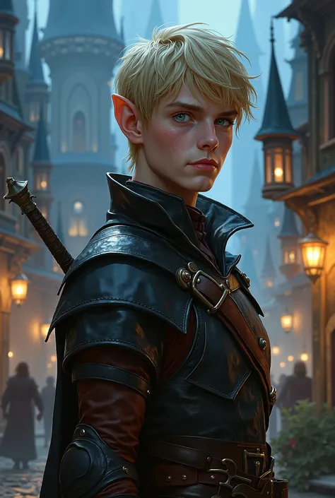 fantasy artwork, young half-elf man in his late teens, short blonde hair, blue eyes, pale skin, rouge, leather armor, skinny and short, fantasy city background at night
