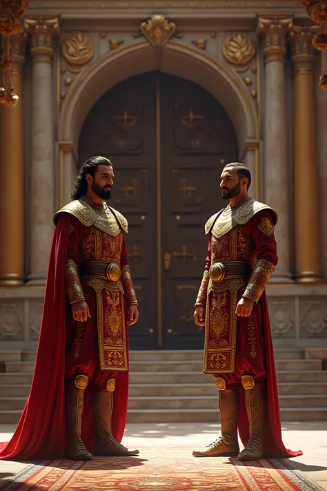  Create the image of 2 Persian soldiers. In front of the door of the royal room .