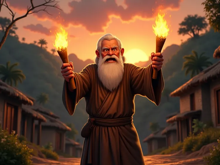 An old man, white bearded, wearing traditional attire with fearful expressions looking at the camera, holding torches and pointing fingers. [No shadow of the villagers]. Background is tiny village house with hilly background, lowlight, sunset. Near a jungl...