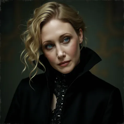 portrait of Vera Farmiga with blonde hair, pale skin, green eyes, black makeup, black clothes, gothic victorian clothes, black cape, her expression is that of crying, she is crying with great pain, a reaction of intense sadness, an expression of great pain...