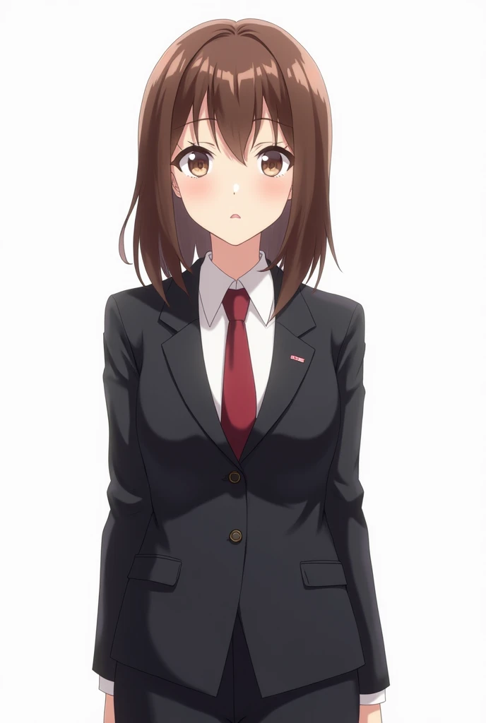 the girl is not blonde ,  brown hair to the shoulders ,  in formal suit ,  works as a college teacher,  anime girl, on a white background