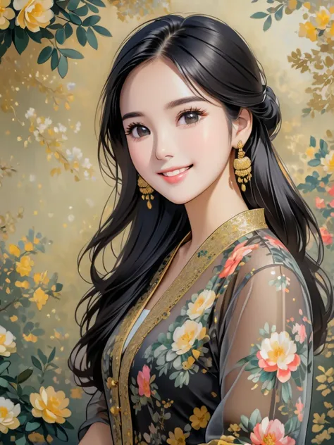 this is a painting of a charming Burmese girl with gold earrings, 1girl, solo, black eyes, looking at viewer, smile, long hair, black hair, gray see-through shirt, floral-print, simple background, soft colors, highly detailed, best quality, ((olive skin))