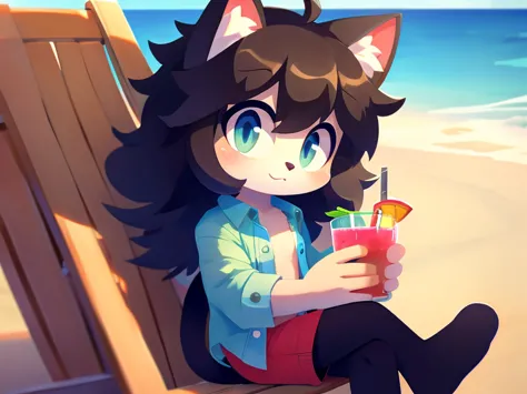 cute cat fur, thick hair, detailed body, open shirt, short pants, high quality, masterpiece, beach background, sitting on a chai...