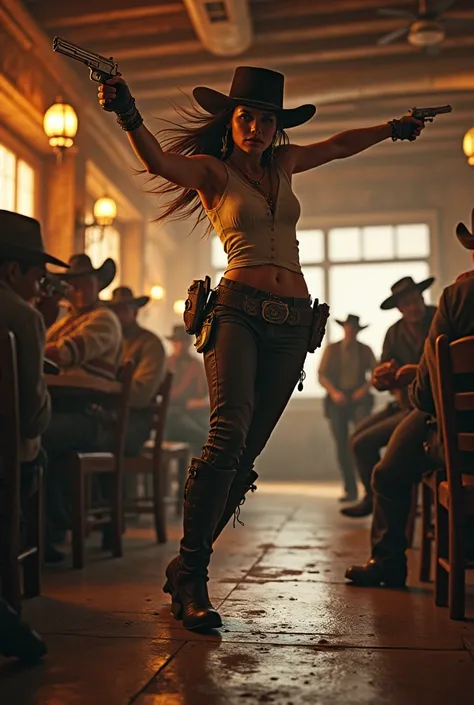 Masterpiece, Ultra-detailed, hyper realistic, a magnificent scene of the old Wild West, a battle hardened cowgirl is eliminating a group of gangsters in a saloon. She kicks one gangster’s throat with a spinning sidekick while shooting at another gangster o...