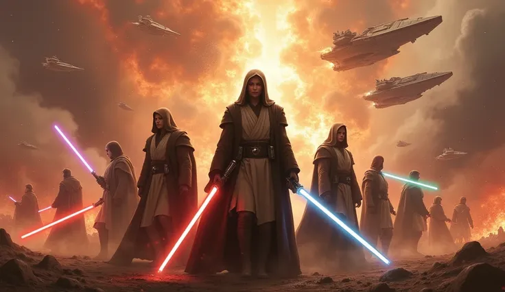 Star wars Group of rebel jedi holding light saber ready for war , bloody war going on background multiple spaceship crashing. 