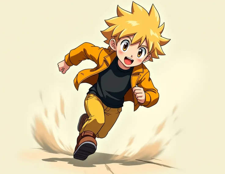 anime boy with,blond hair,brown eyes,yellow pants,yellow jacket,black shirt,brown boots he is running hyperfast