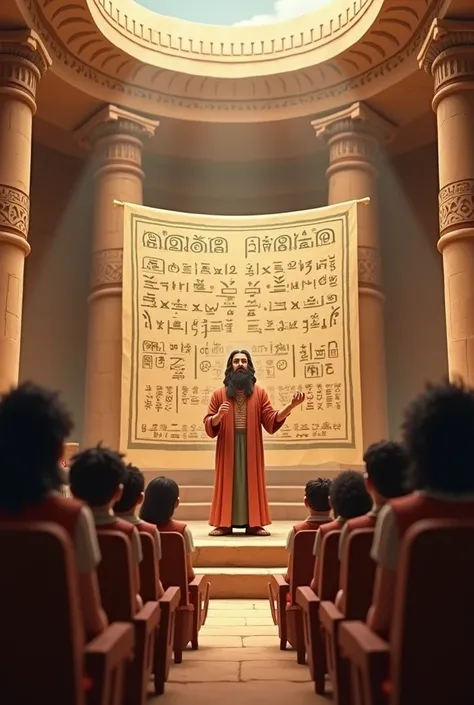 An animation-type image from the Mosopotamian era,  teaching cuneiform scripture in an auditorium of the time, with other people present ,  the image must be representative 
