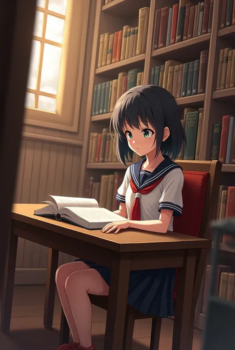 An anime student reading a book in the library 