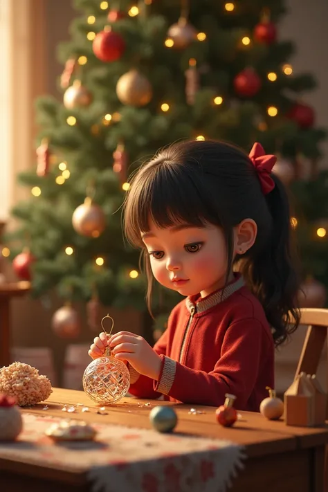 A girl making a Christmas ornament to hang on the tree 